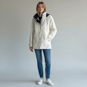 Mackintosh New England Womens Hooded Rain Jacket Off White Navy Nautical Parka L